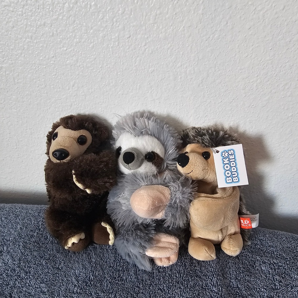 Wild Republic Book Buddies Plush Bookmark Set Sloth Hedgehog 3pc Lot